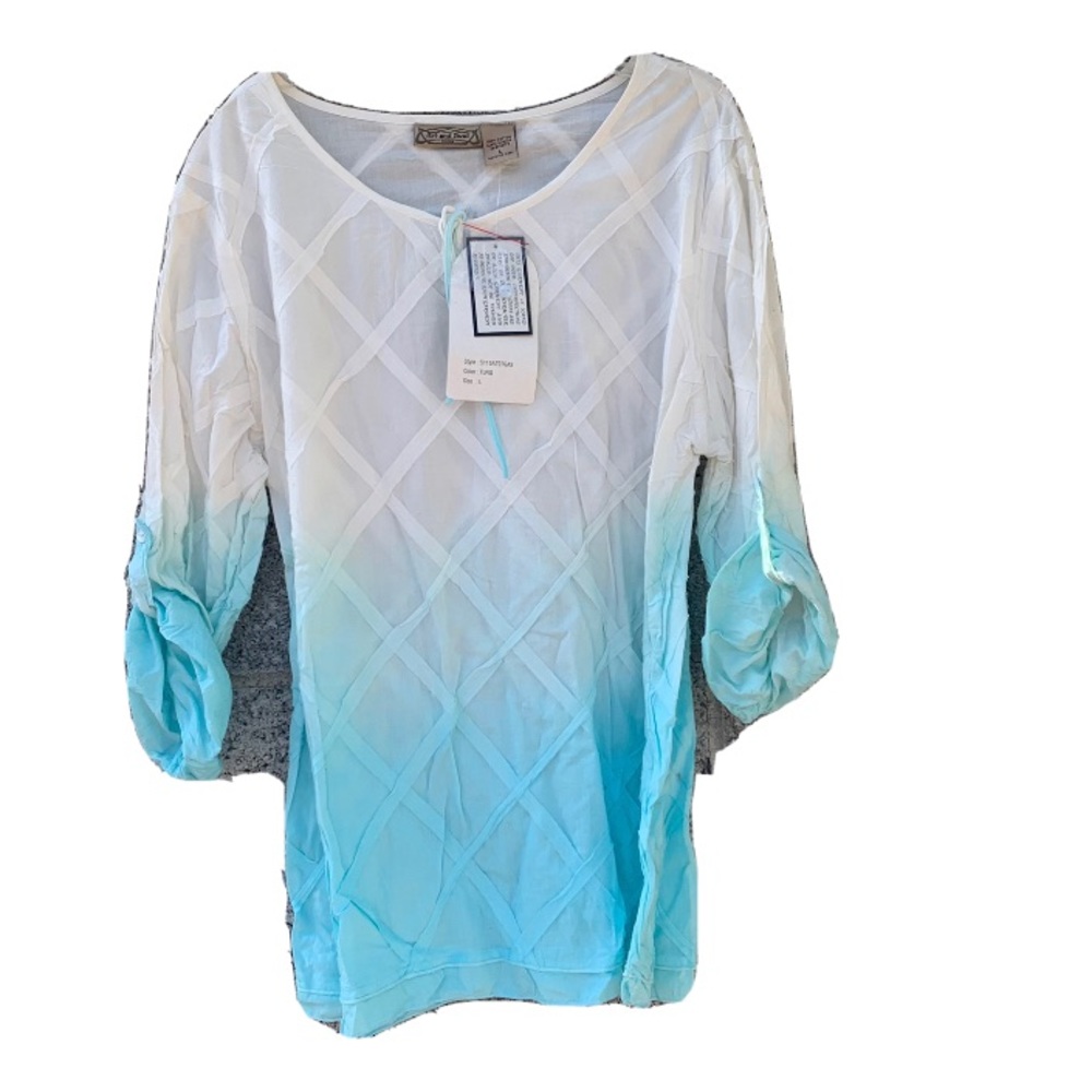 Art And Soul Women’s Hombre White To Turquoise Shirt, Size Large, 3/4 Sleeve NWT